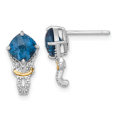 Shey Couture Sterling Silver Rhodium-plated with 14k Accent Checker-cut Cushion London Blue Topaz and .02ct. Diamond Post Earrings